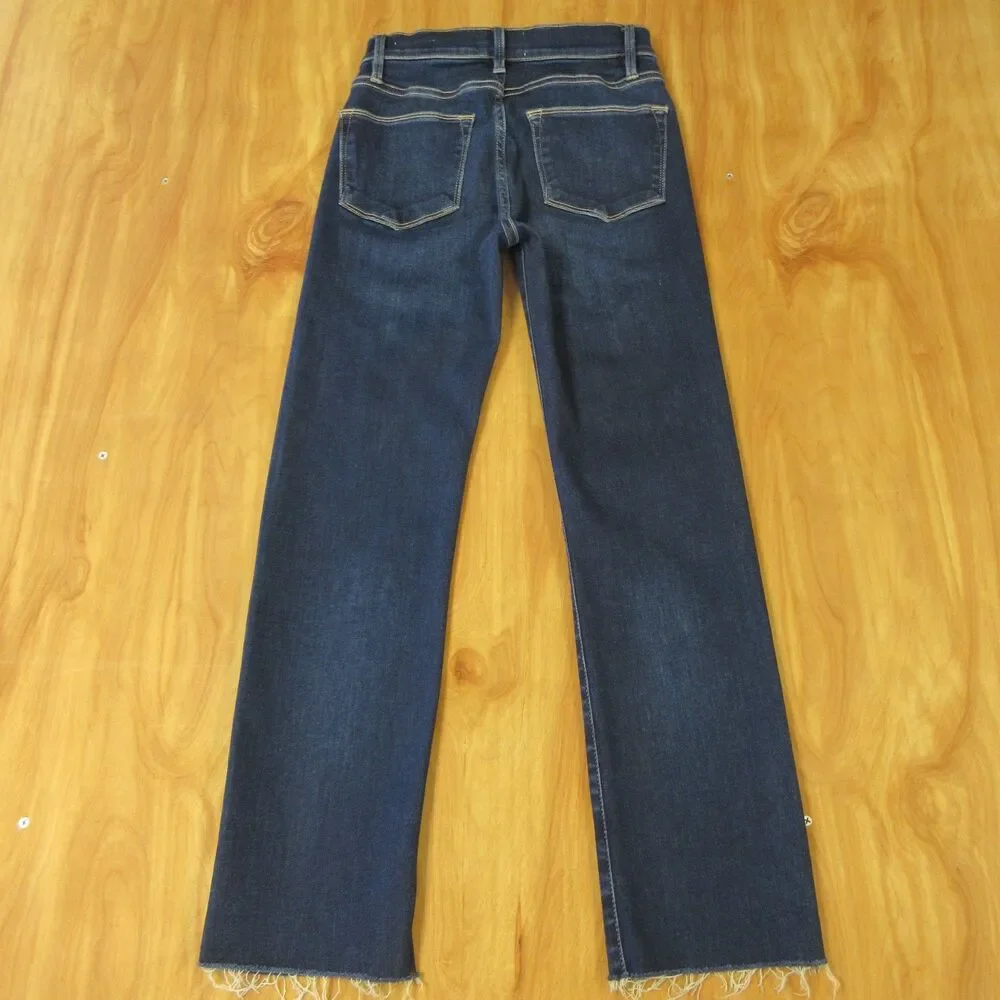 FRAME Le High Rise‎ Straight Leg Jeans Size 25 Sanctuary Dark Blue Denim Raw Hem